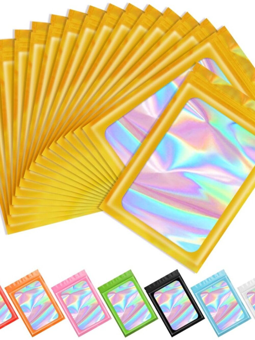 100pcs Gold Mylar Holographic Bags-Resealable Zipper&Clear Window